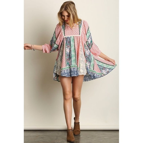Umgee Tops - Umgee Mix Print BOHO Peasant Tunic Top Sz L